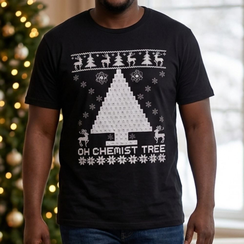 O CHEMIST TREE Science Periodic Table Christmas Tee Black Holiday Shirt Men's